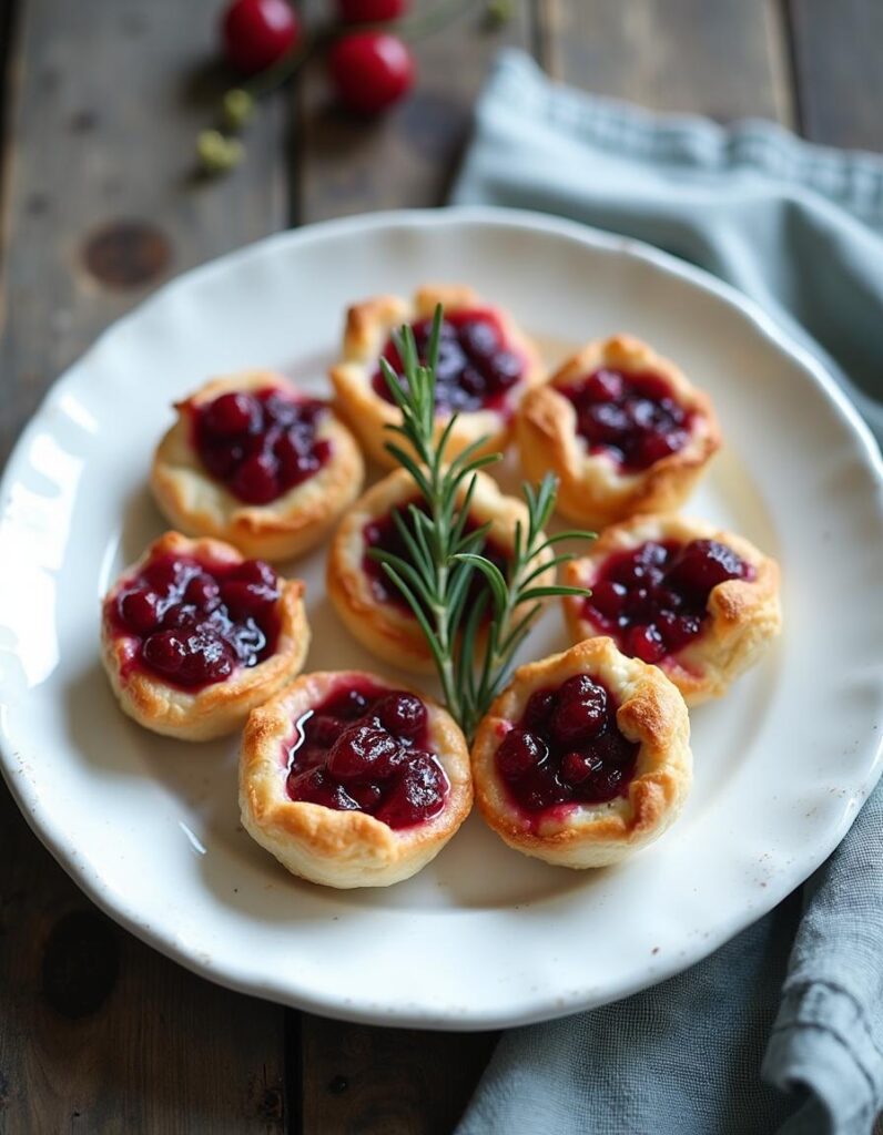 A platter of golden-brown Cranberry Brie Bites, garnished with fresh cranberries and rosemary