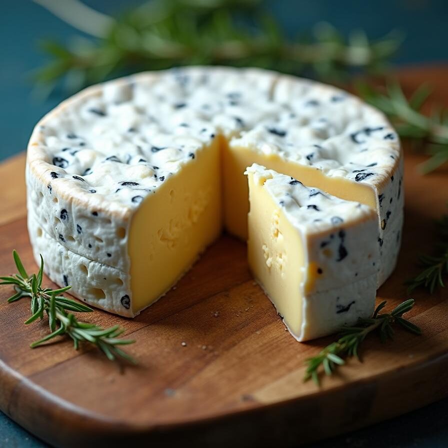 A wheel of Brie cheese with a slice cut out, showing the creamy interior.