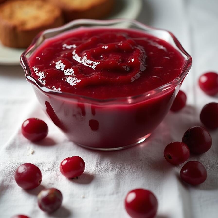 A bowl of vibrant cranberry sauce, with some fresh cranberries scattered around.