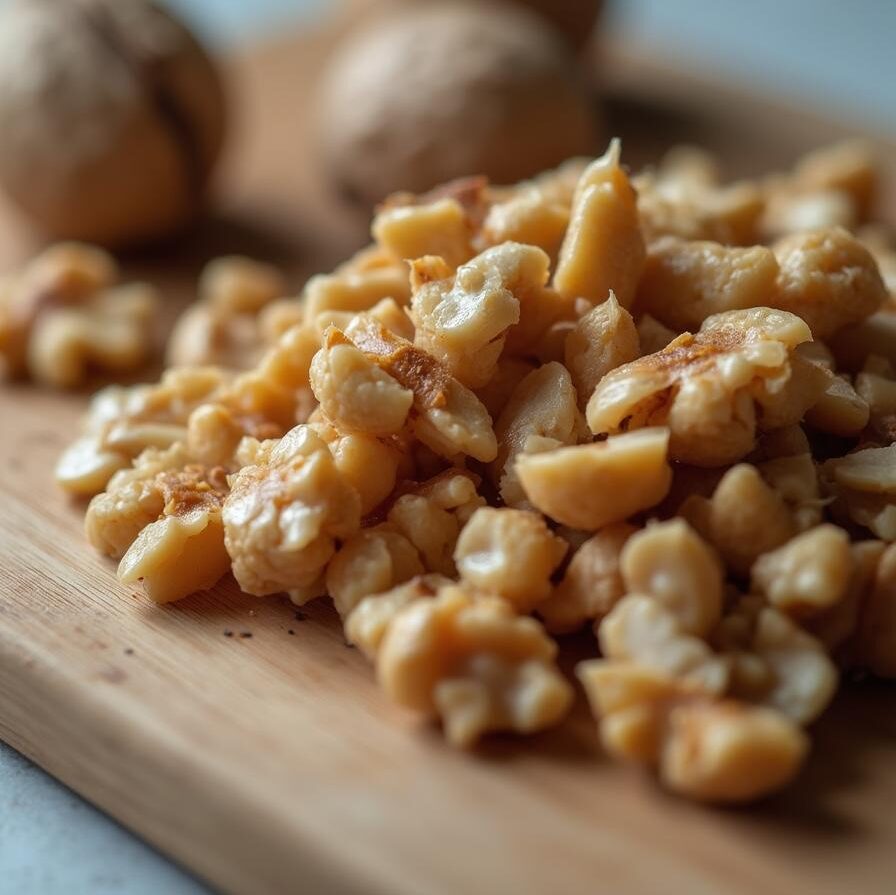 A close-up of chopped walnuts.