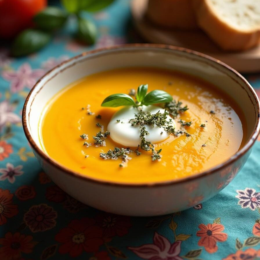 A bowl of creamy butternut squash soup, garnished with a dollop of cream and fresh herbs.