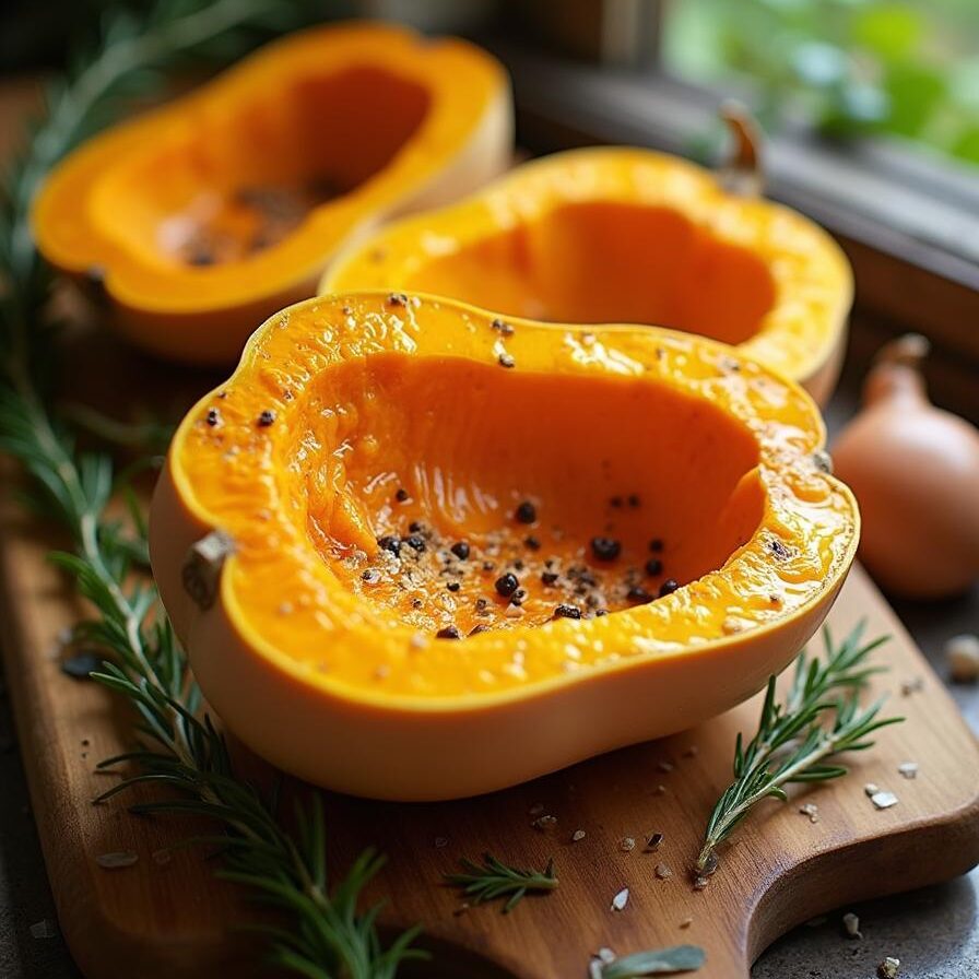 An image of a halved butternut squash, drizzled with olive oil and seasoned with salt and pepper, ready to be roasted.