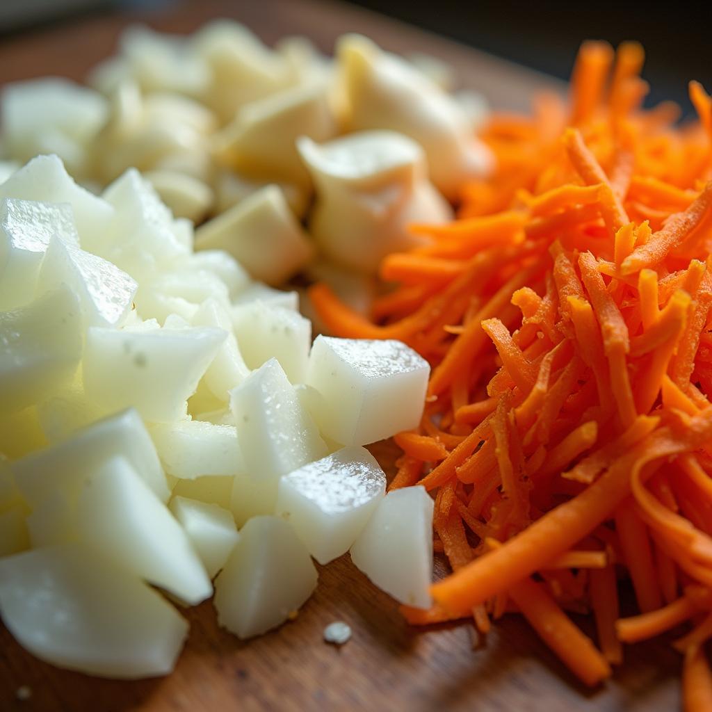 A close-up image of diced onions, pressed garlic, and shredded carrots.