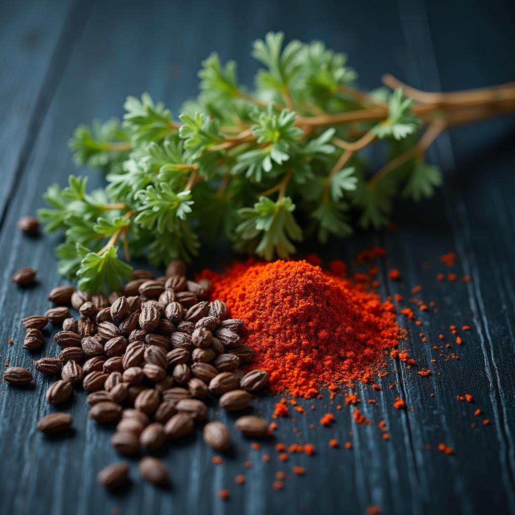 A close-up image of dried marjoram, celery seed, and cayenne pepper.