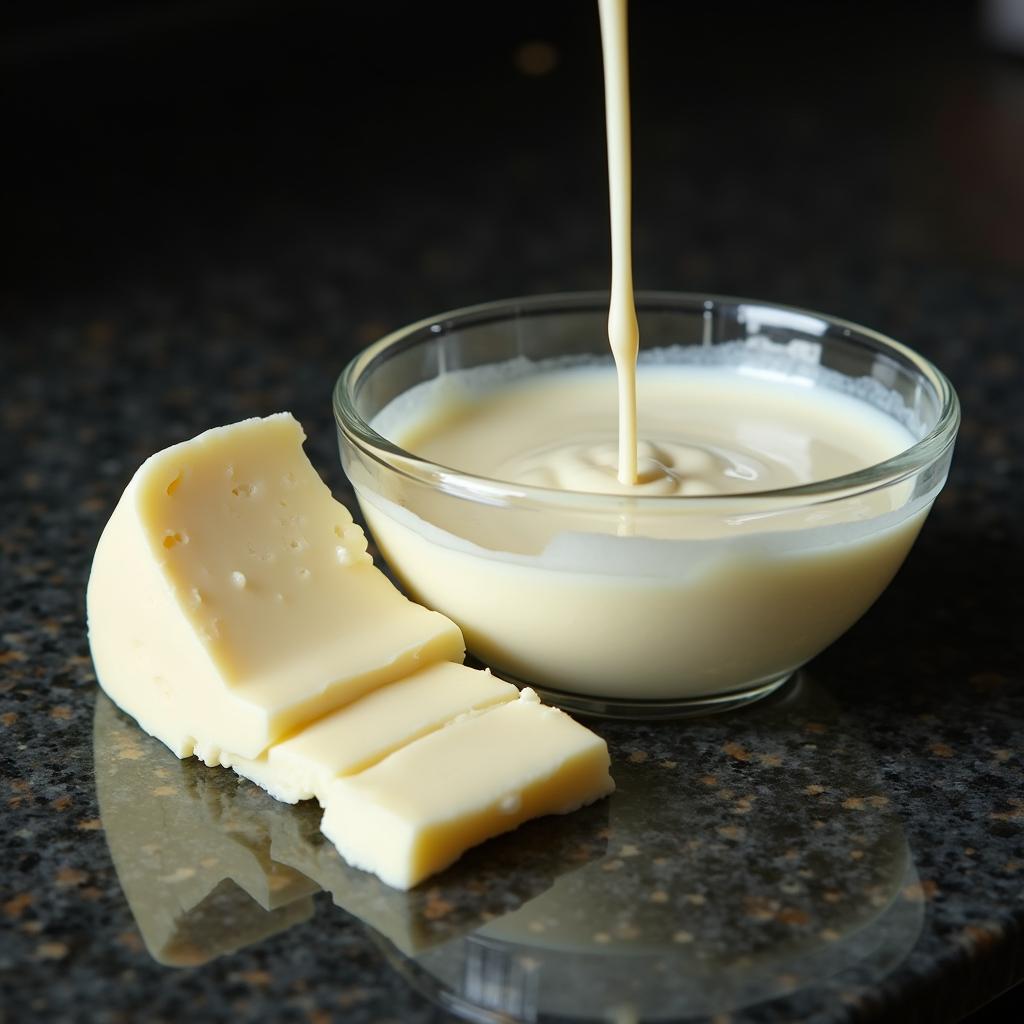 A small bowl of heavy cream and a block of cream cheese.