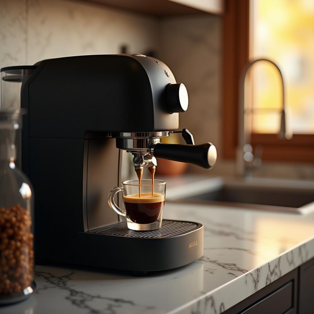 A steaming espresso machine brewing a shot of espresso.
