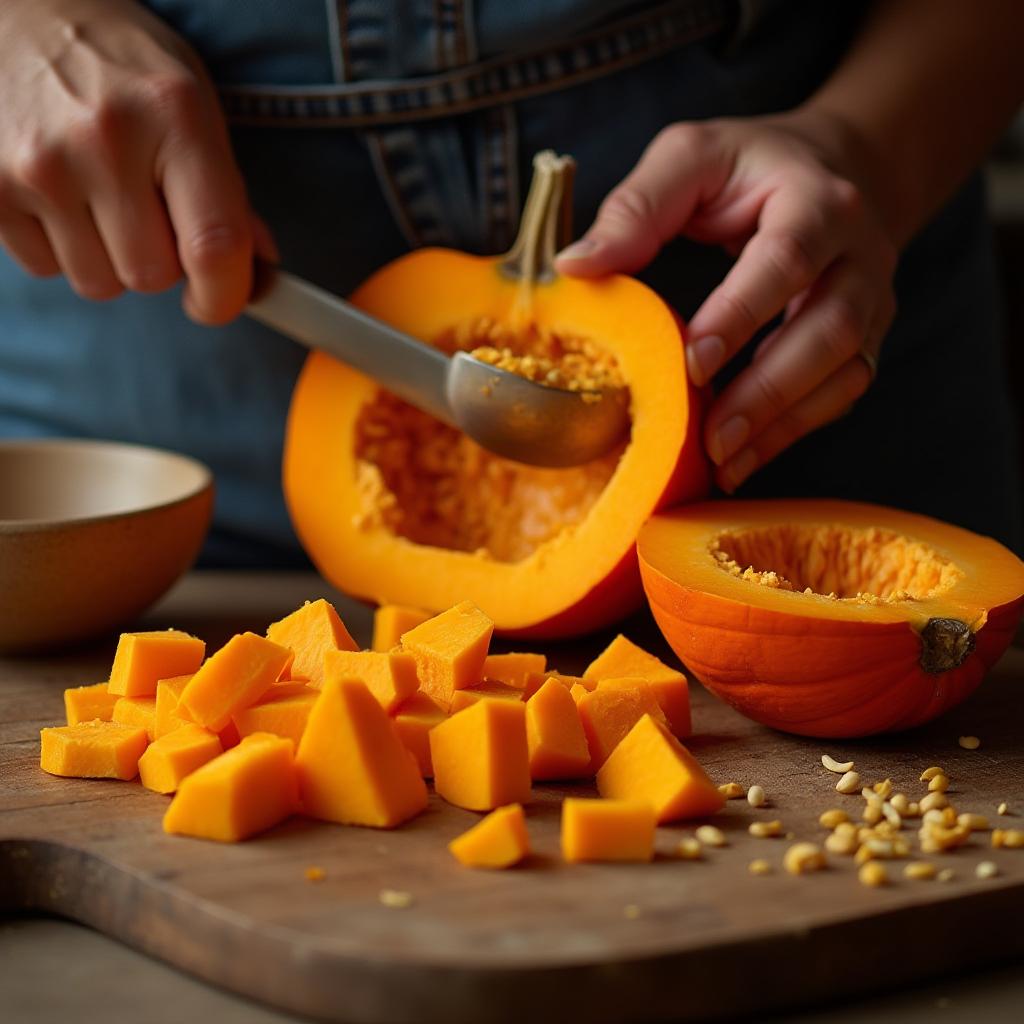A freshly cut pumpkin on a wooden cutting board, with seeds being scooped out and chunks of pumpkin being cut into smaller pieces. A bowl nearby holds the clean pumpkin pieces, ready to be used.
