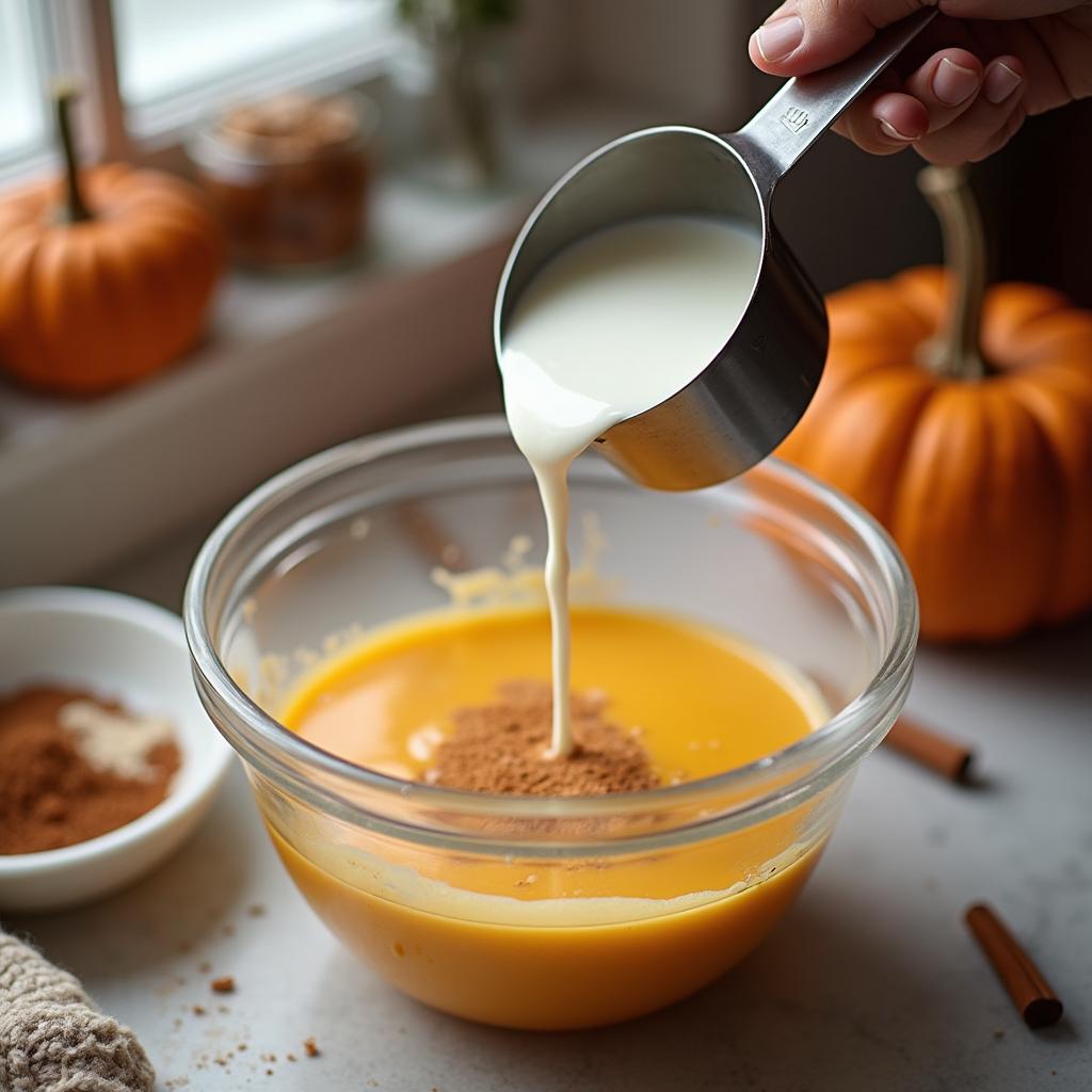A measuring cup of milk is being poured into a mixing bowl, where spoonfuls of the prepared pumpkin puree are added. A small jar of spices (cinnamon, nutmeg, ginger, and cloves) is being sprinkled into the milk and pumpkin mixture.