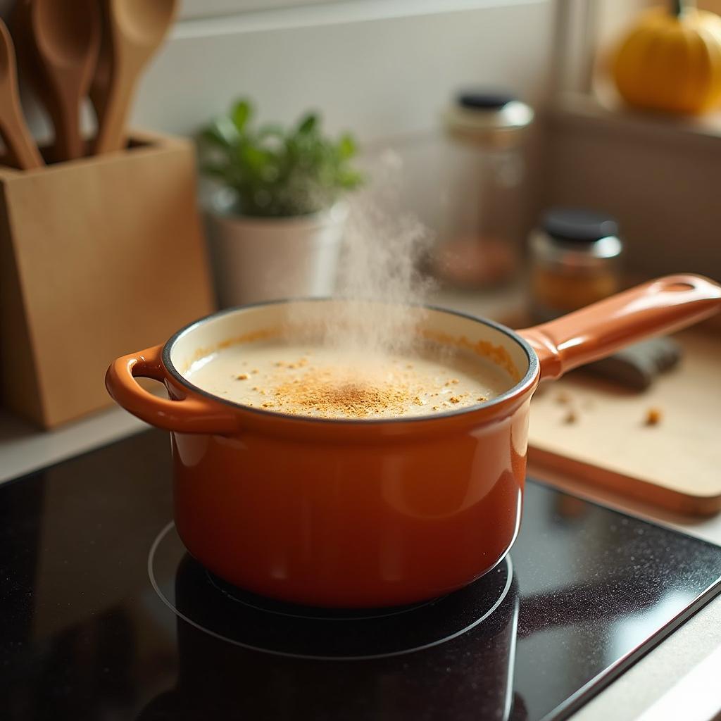 A saucepan with the pumpkin spice milk mixture simmering on the stovetop.