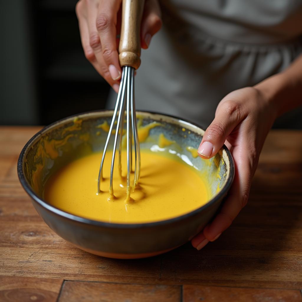 A small bowl filled with the honey mustard glaze, with a whisk placed beside it.