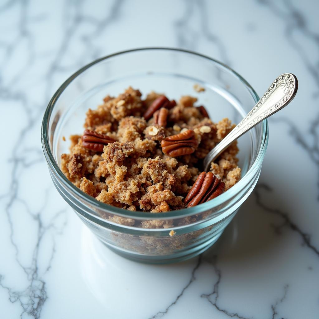 A bowl filled with the pecan crunch mixture, with a spoon mixing the ingredients.