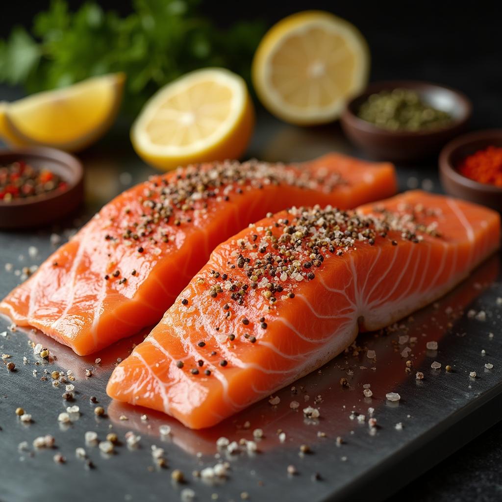 Fresh salmon fillets seasoned with salt and pepper, ready to be coated.