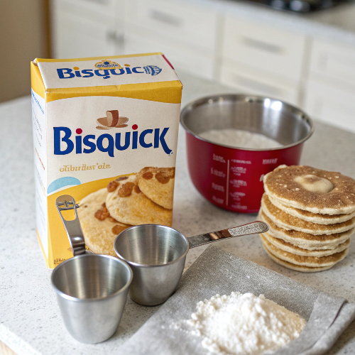 A box of Bisquick pancake mix and measuring cups.