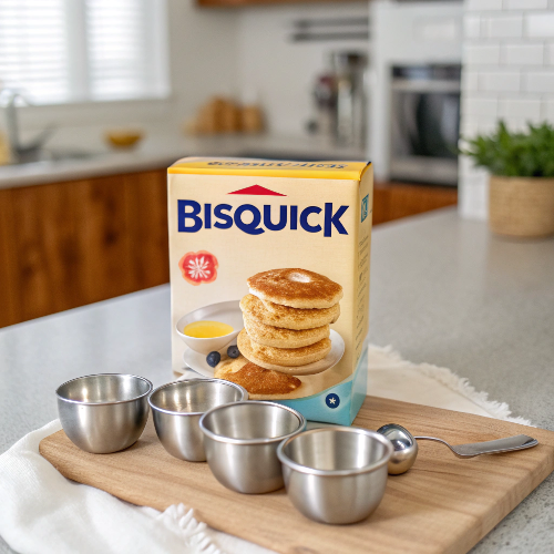 A box of Bisquick pancake mix and measuring cups.