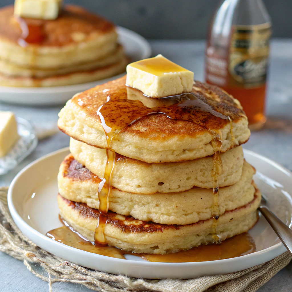 A stack of golden brown Bisquick pancakes with melting butter and syrup.