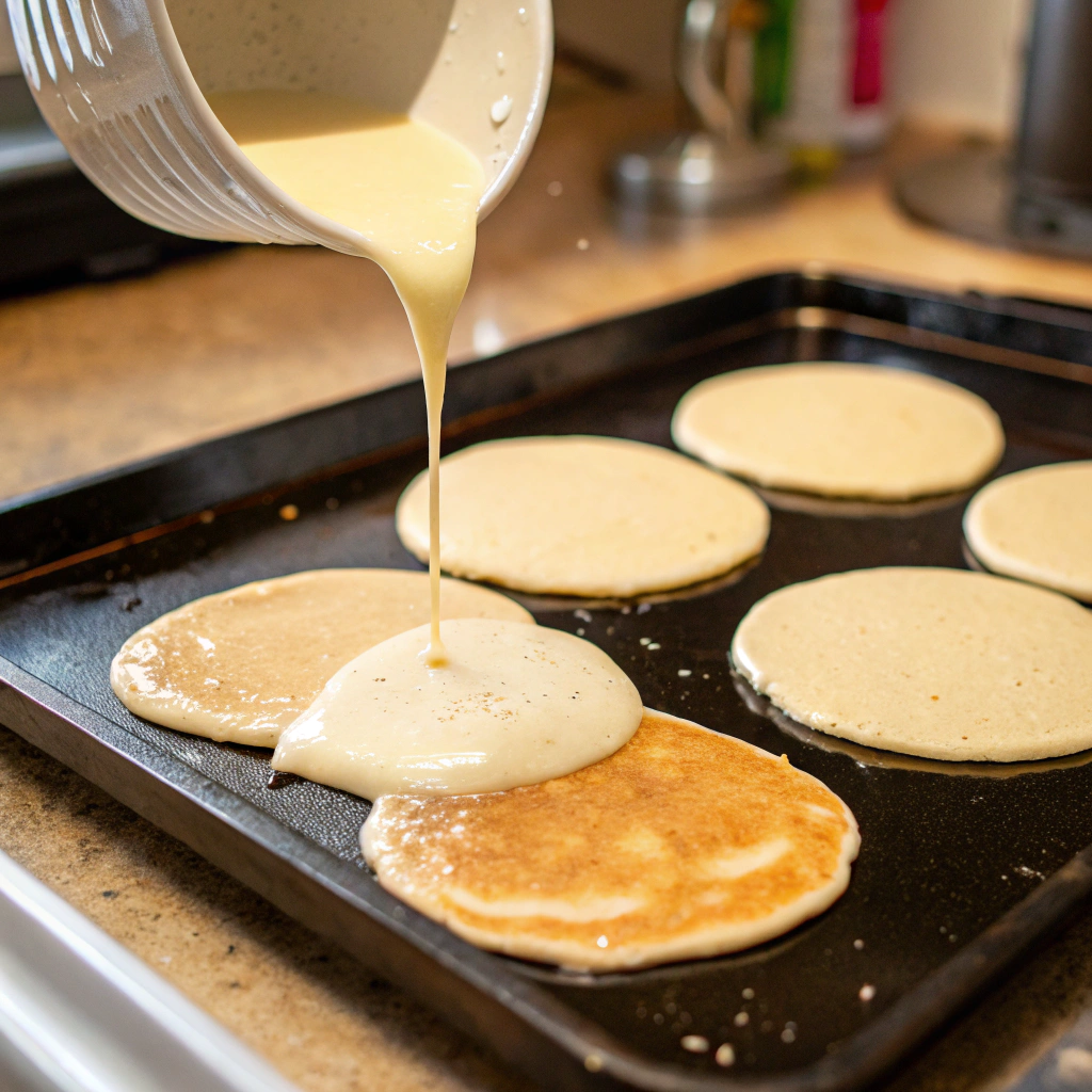 Bisquick pancake batter being poured onto a hot griddle.