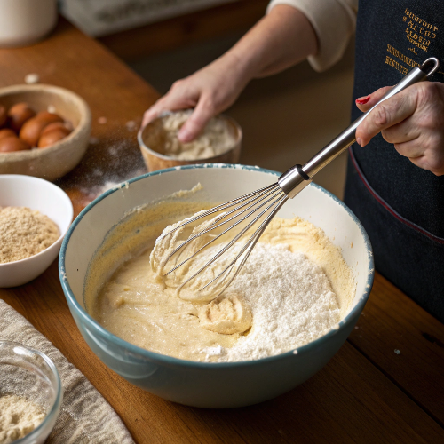 Whisking Bisquick pancake batter in a bowl.