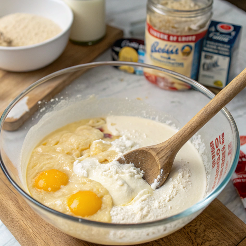 Prepare Bisquick pancake batter in a bowl.