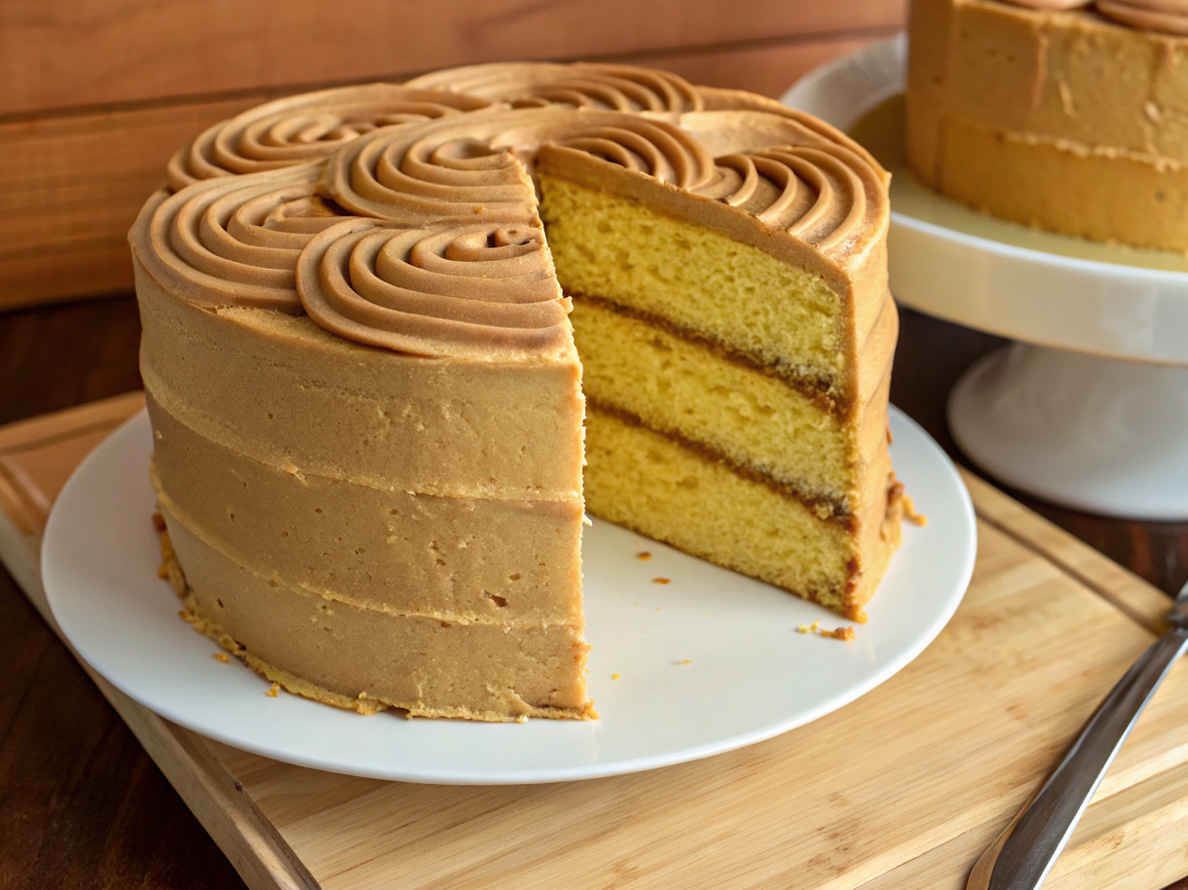 A close-up view of a beautifully layered caramel cake, drizzled with glossy caramel frosting and garnished with a sprinkle of sea salt. The warm lighting highlights the cake’s golden layers and rich texture.