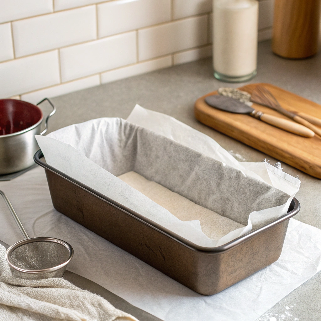 A 9x5-inch loaf pan lined with parchment paper, ready to be filled with batter.
