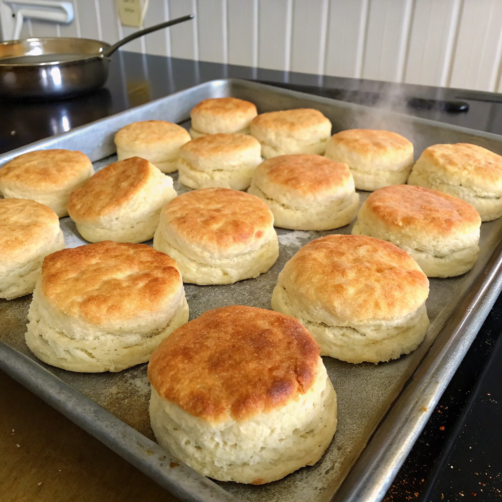 A baking tray with golden, fluffy biscuits fresh out of the oven.