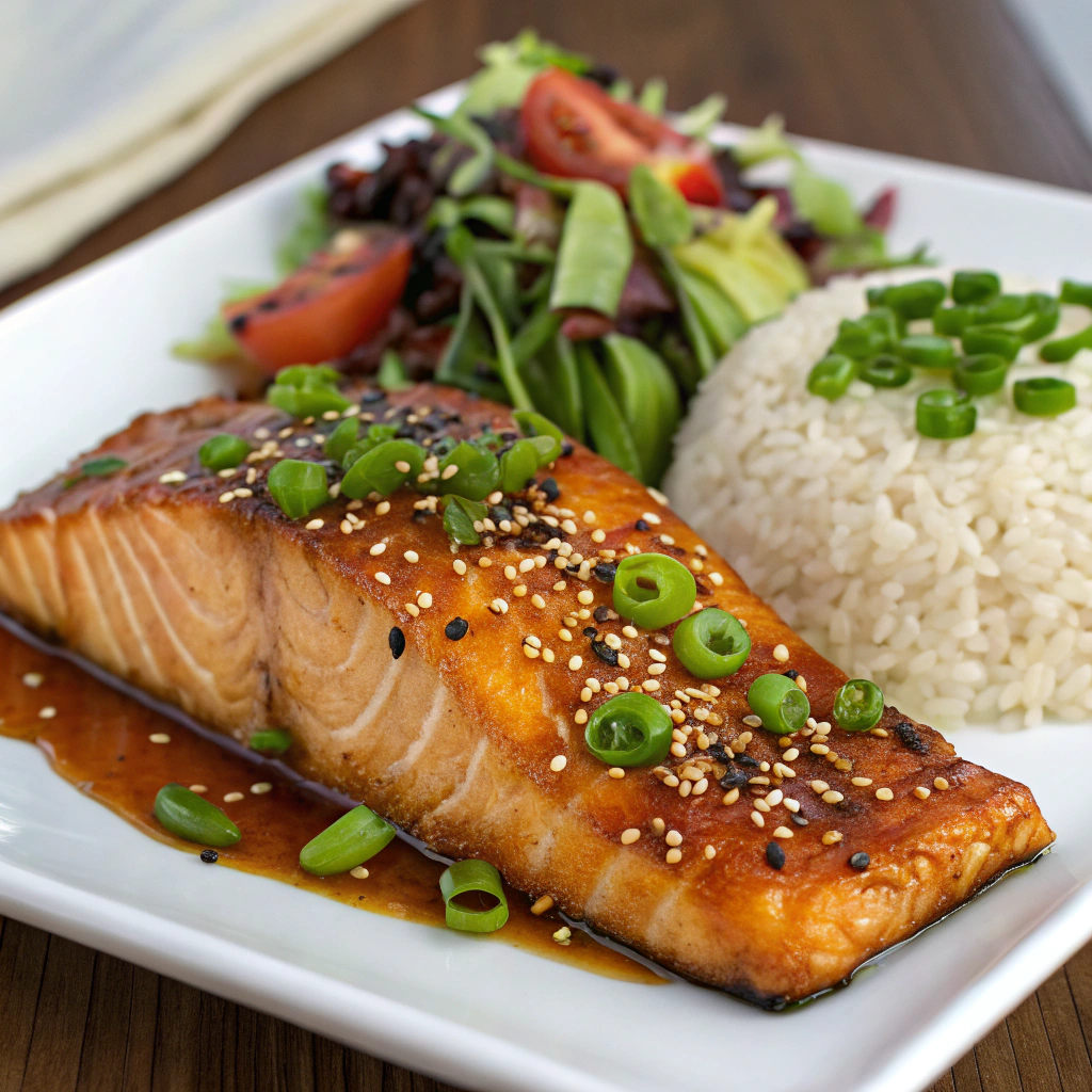 A beautifully glazed salmon fillet, garnished with sesame seeds and green onions, served alongside steamed rice and a fresh salad.