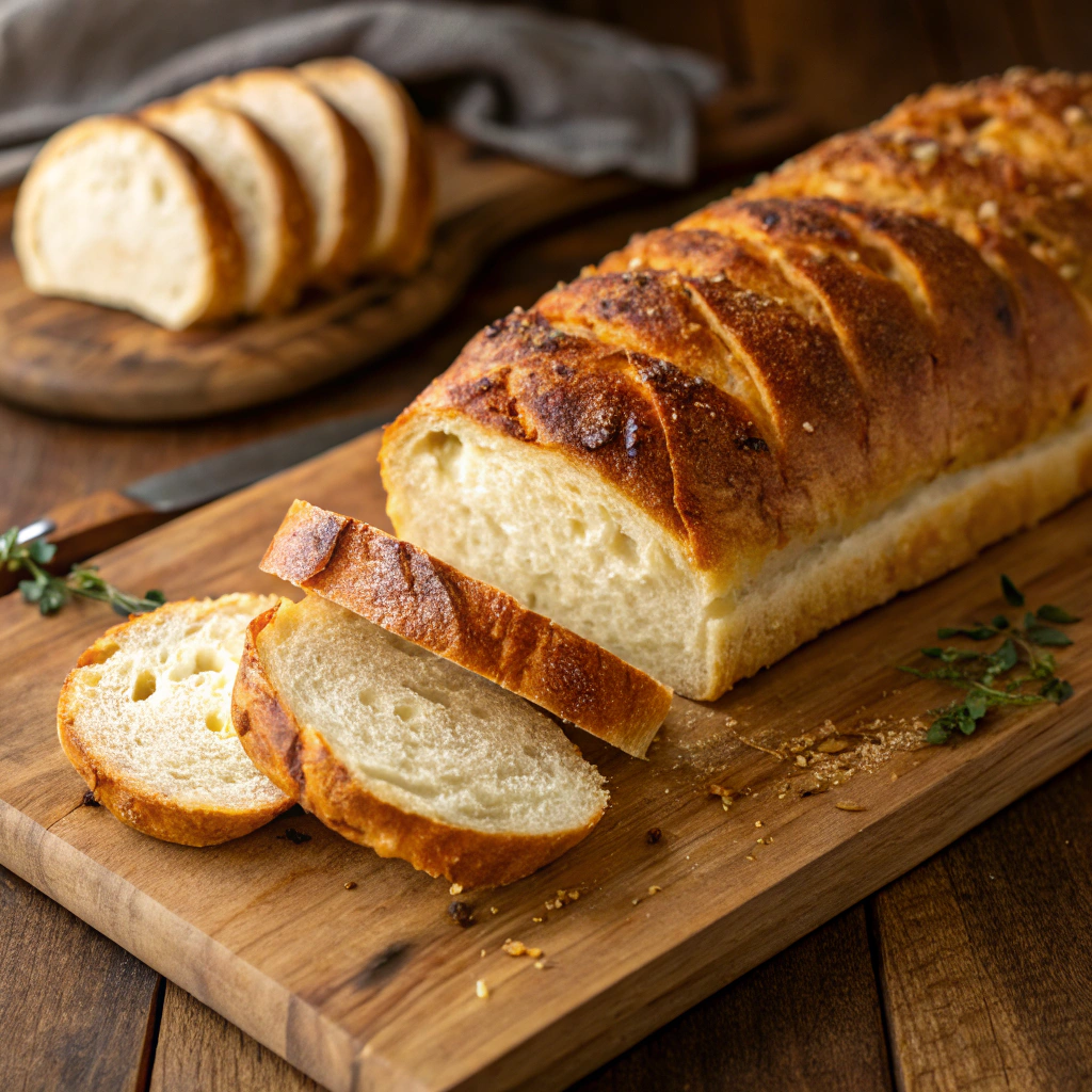 Golden-brown loaves cooling on a wire rack, steam rising from a freshly sliced piece.