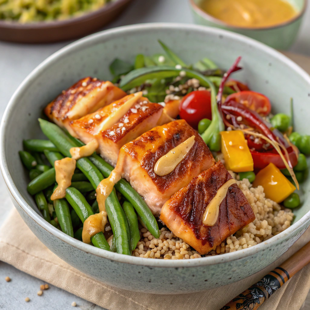 A fully assembled salmon bowl topped with dressing.