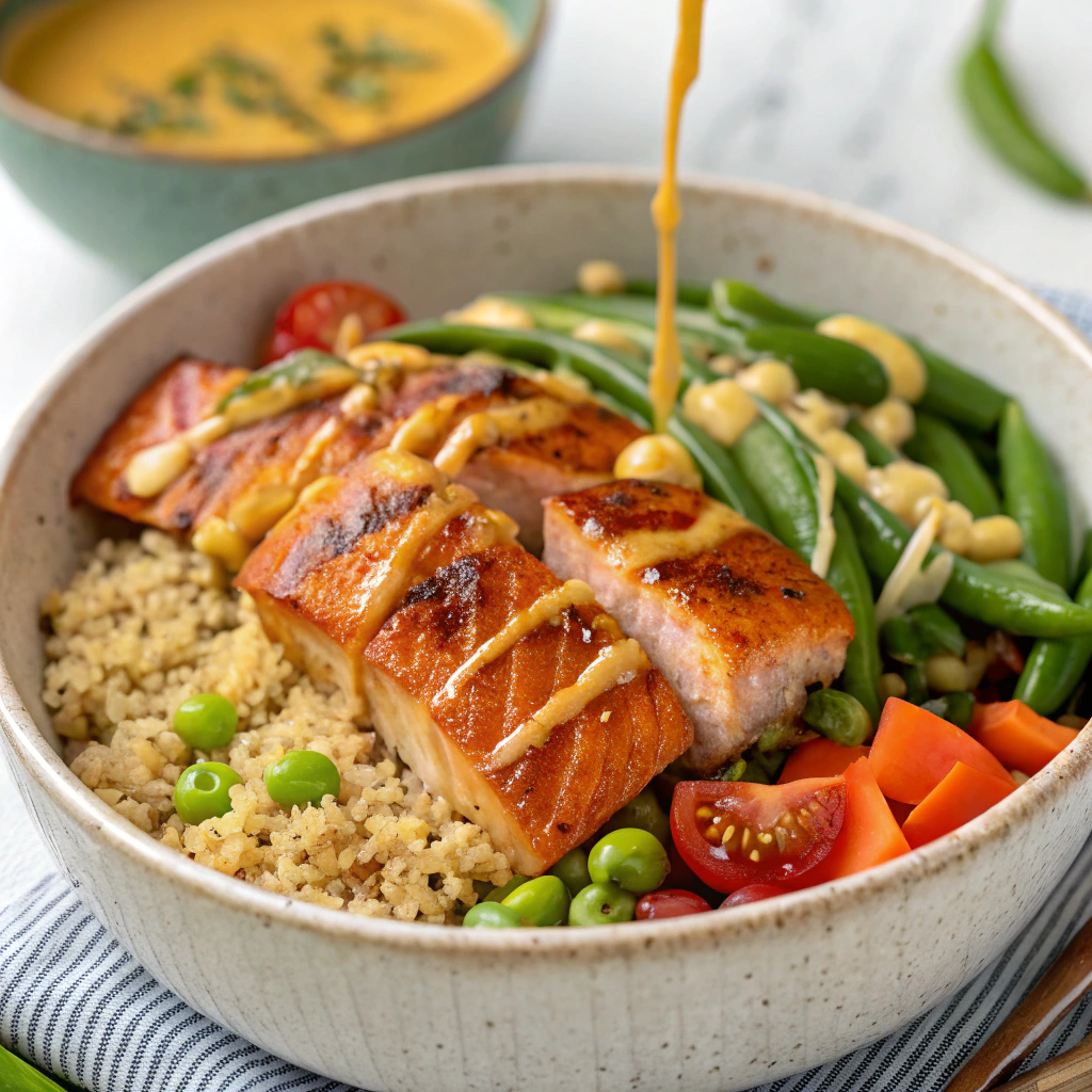 A beautifully plated hot honey salmon bowl with glazed salmon chunks over quinoa, green beans, and fresh veggies, drizzled with mustard dressing.