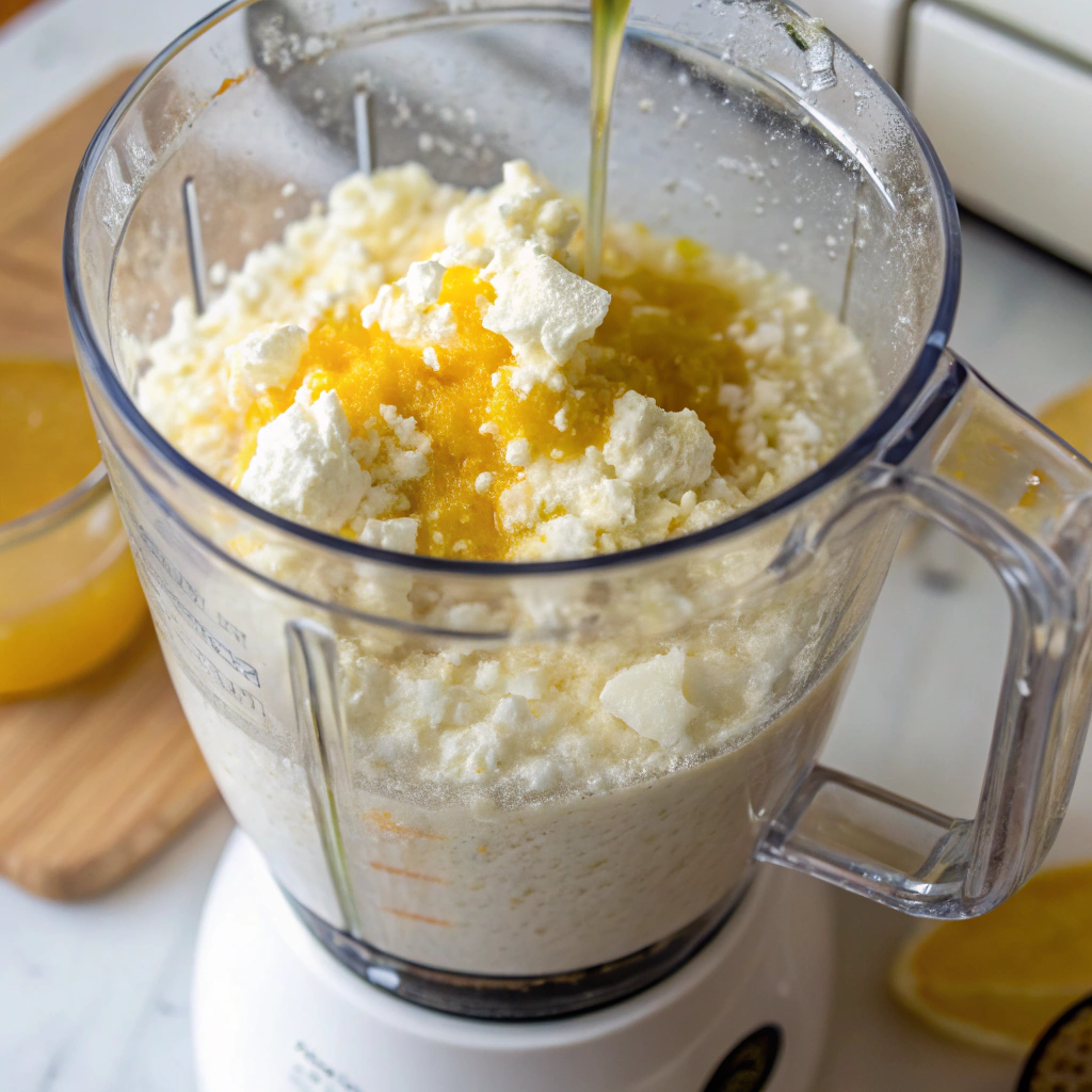 A blender jar filled with cottage cheese, honey, oil, lemon zest, lemon juice, and vanilla, blending into a smooth mixture.