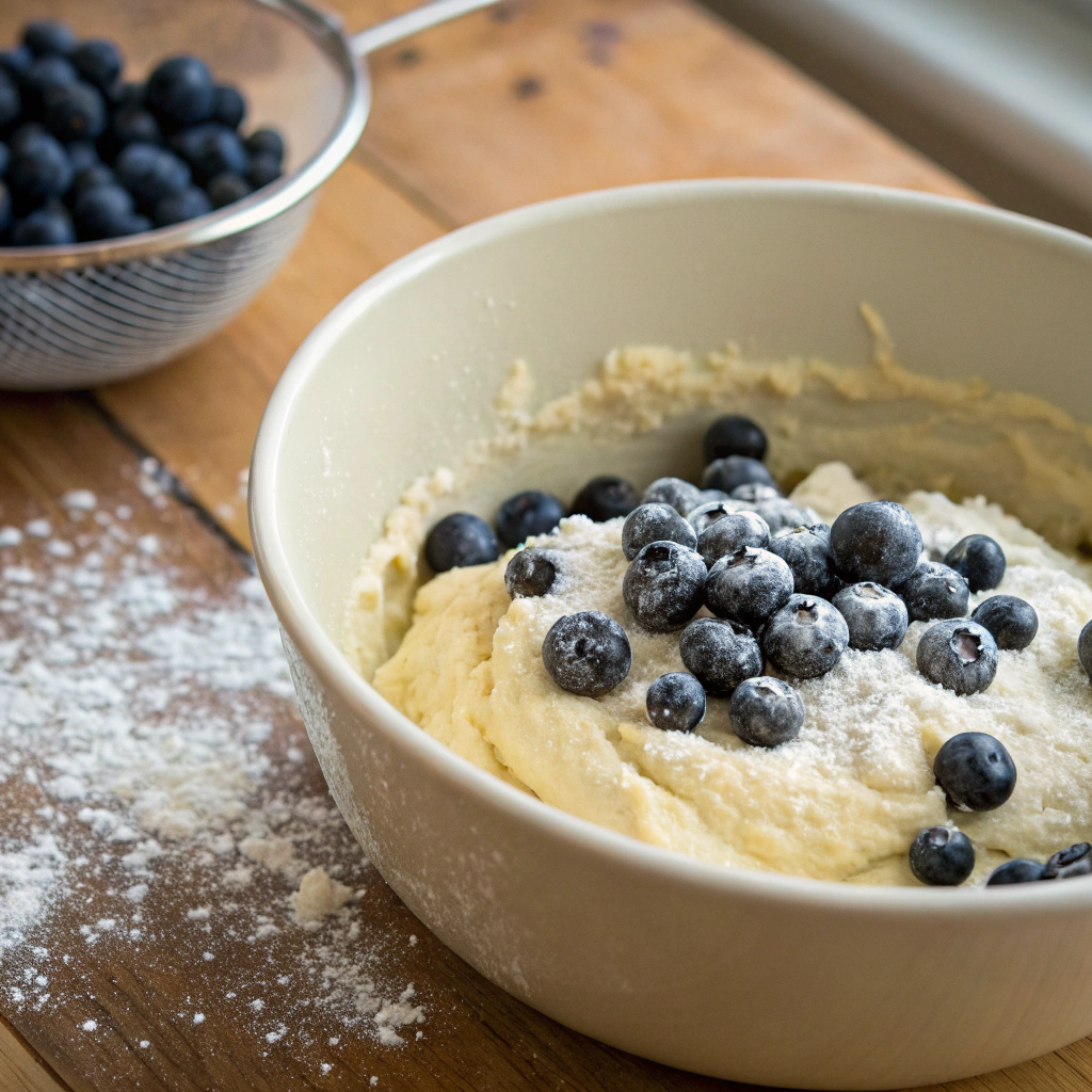 A bowl of batter with fresh blueberries being gently folded in, coated with a light dusting of flour.