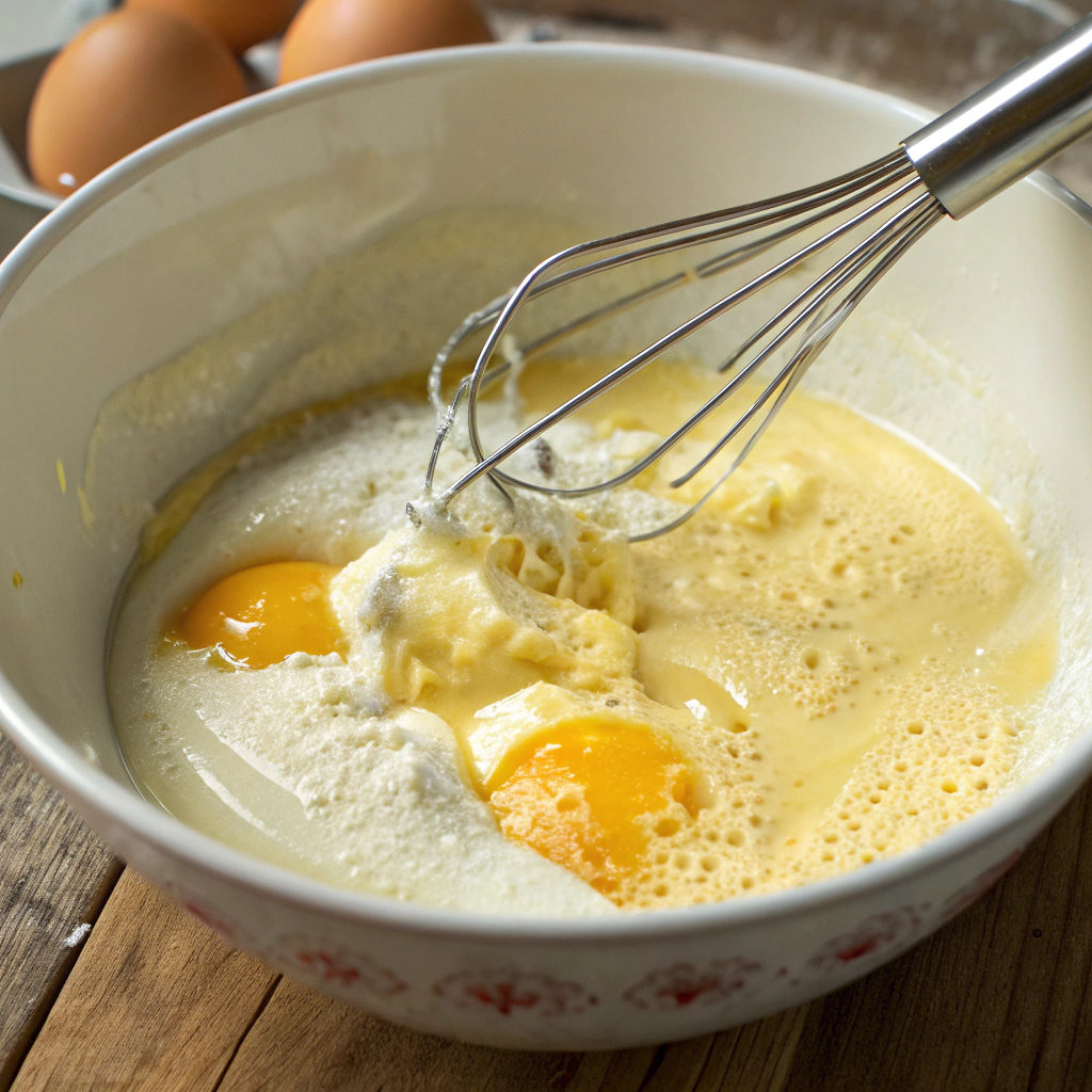 A bowl of beaten eggs with milk, melted butter, and vanilla being stirred in.