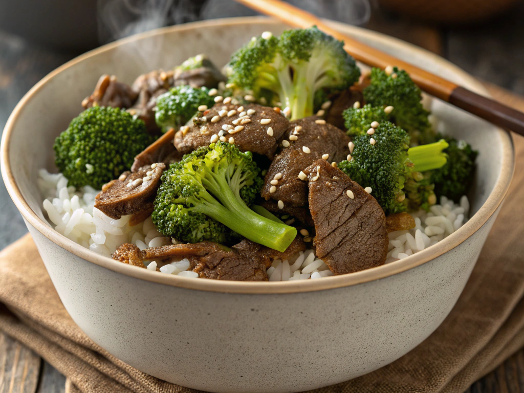 A bowl of beef and broccoli served over jasmine rice, garnished with sesame seeds.