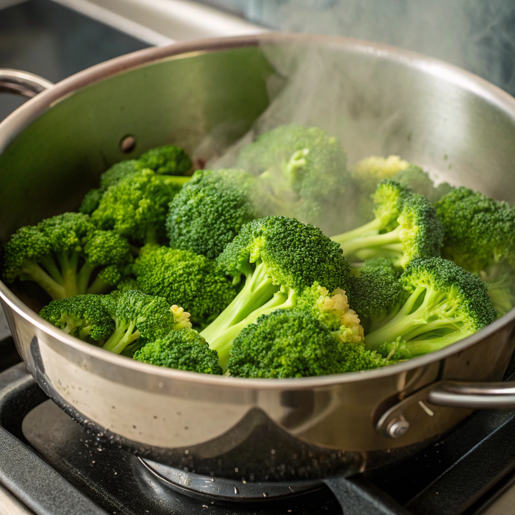 Bright green broccoli florets steaming in a saucepan.