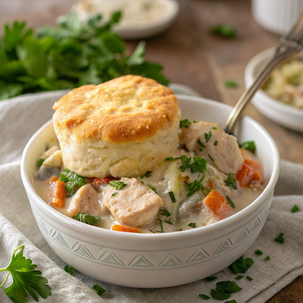 A close-up view of a bowl of creamy chicken pot pie filling topped with a golden biscuit, garnished with fresh parsley.