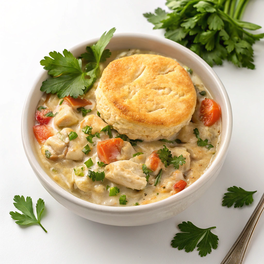 A down-up view of a bowl of creamy chicken pot pie filling topped with a golden biscuit, garnished with fresh parsley.