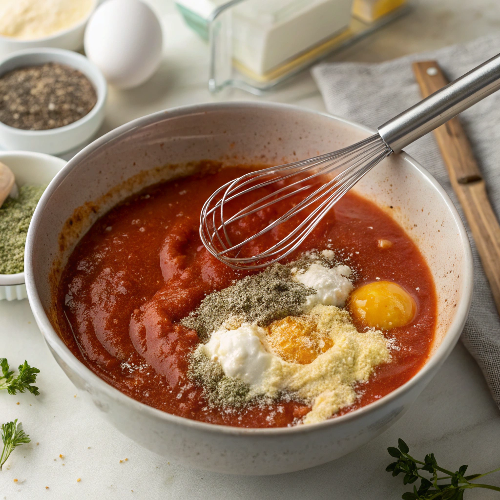 A bowl of tomato soup mixture being whisked, with eggs, Italian seasoning, and garlic powder adding depth of flavor.