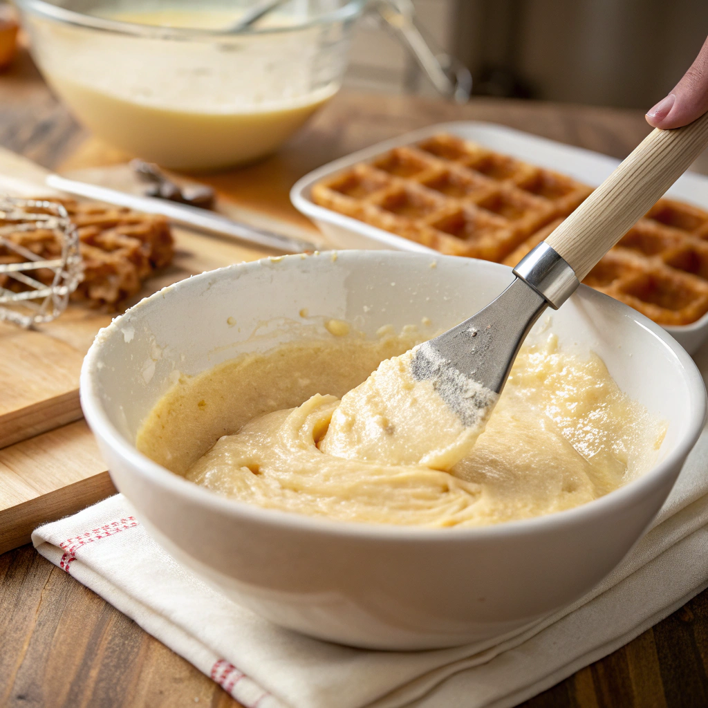 A bowl of waffle batter being gently mixed with a spatula.