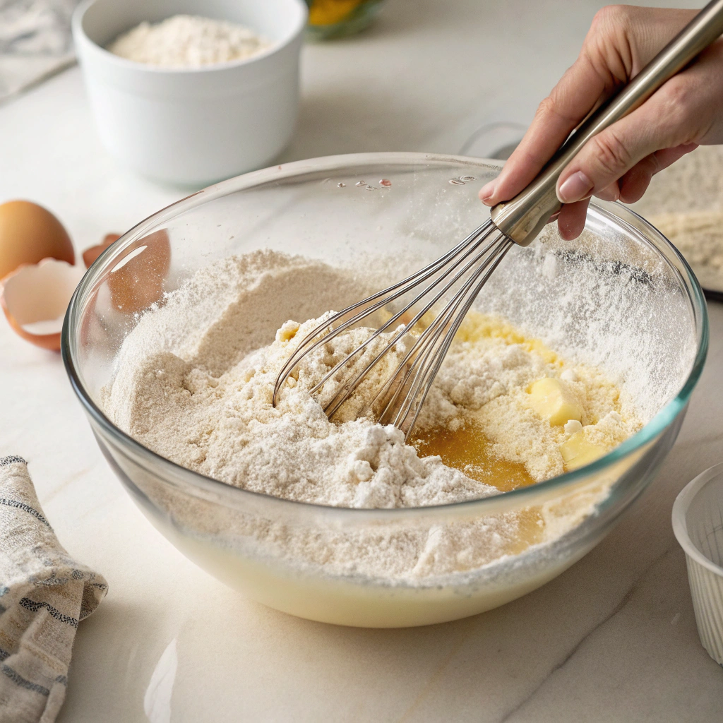 A bowl with dry ingredients being folded into the wet ingredients