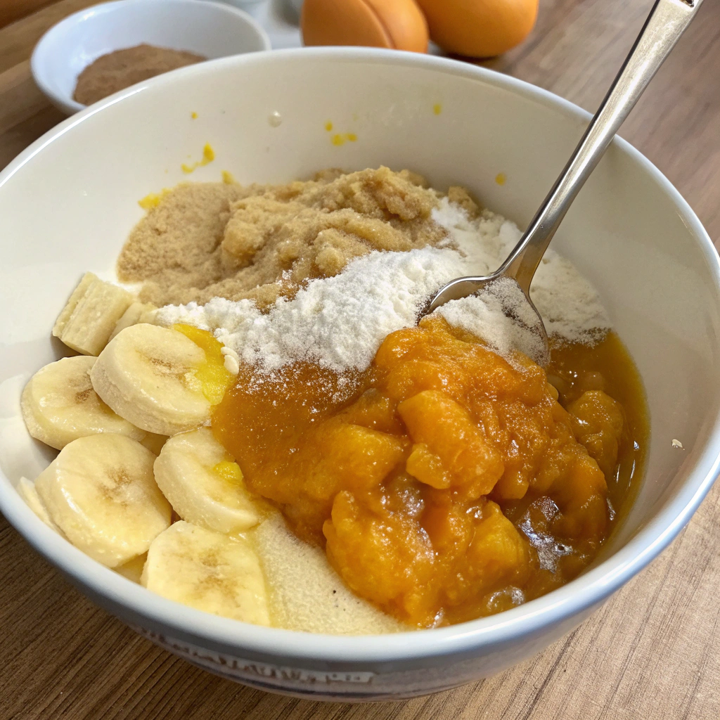 A bowl with mashed bananas, pumpkin purée, honey, sugar, oil, and eggs being mixed