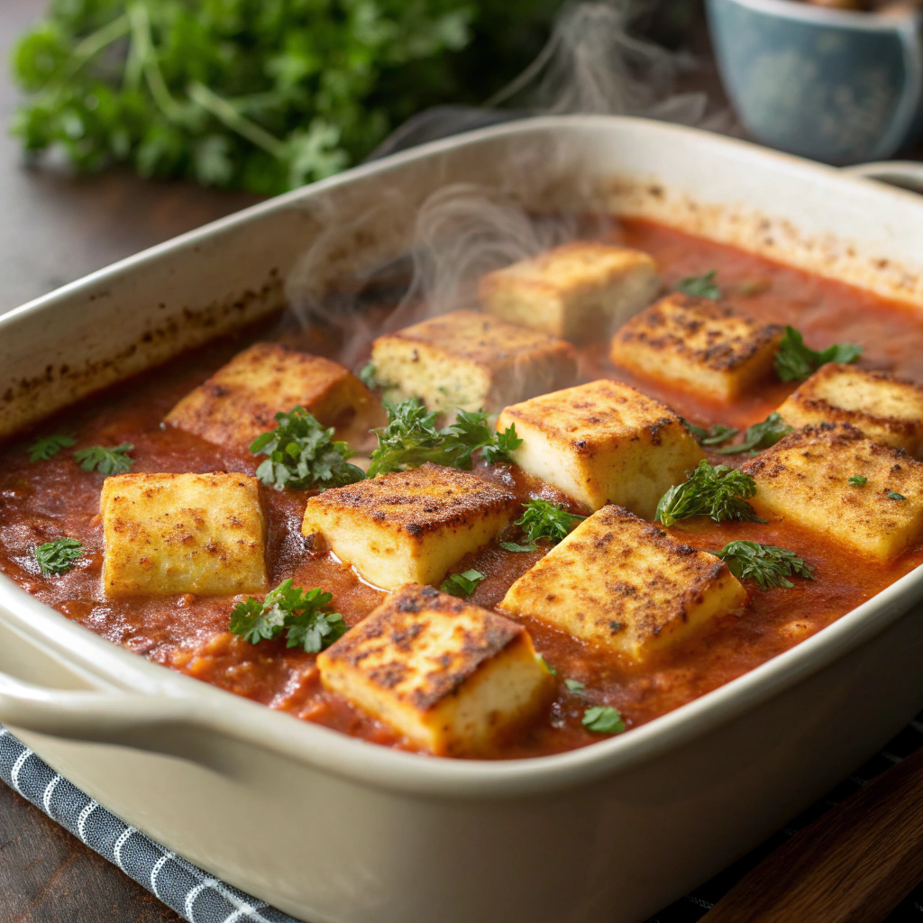 A golden, bubbly casserole fresh out of the oven, garnished with fresh parsley and ready to serve.