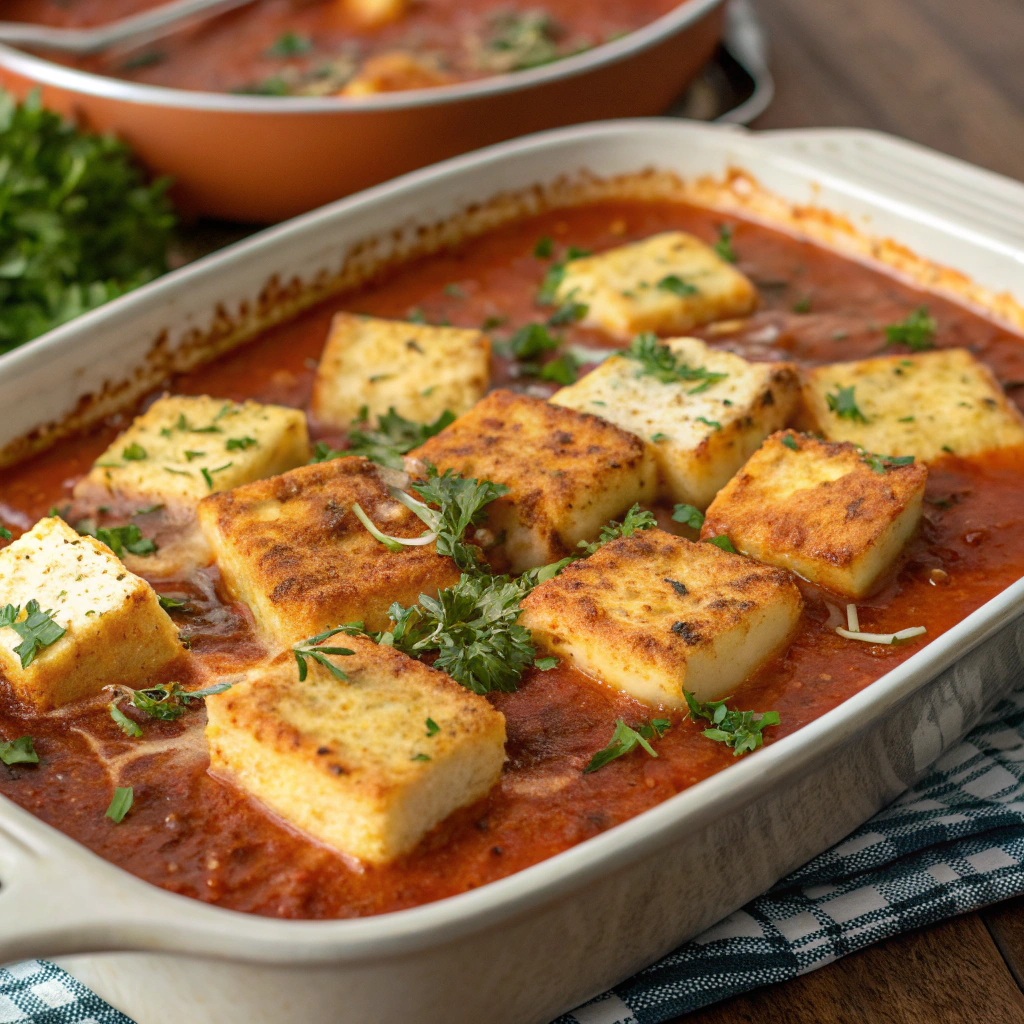 A bubbling casserole dish filled with golden grilled cheese cubes and a rich tomato soup base, topped with melted cheese and garnished with fresh parsley.