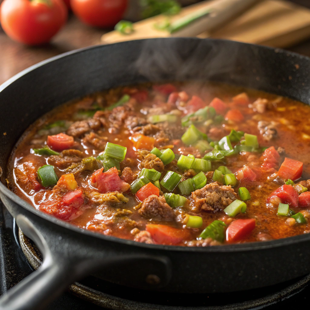 A bubbling skillet with diced tomatoes, green chiles, and beef broth creating a vibrant, saucy mixture.