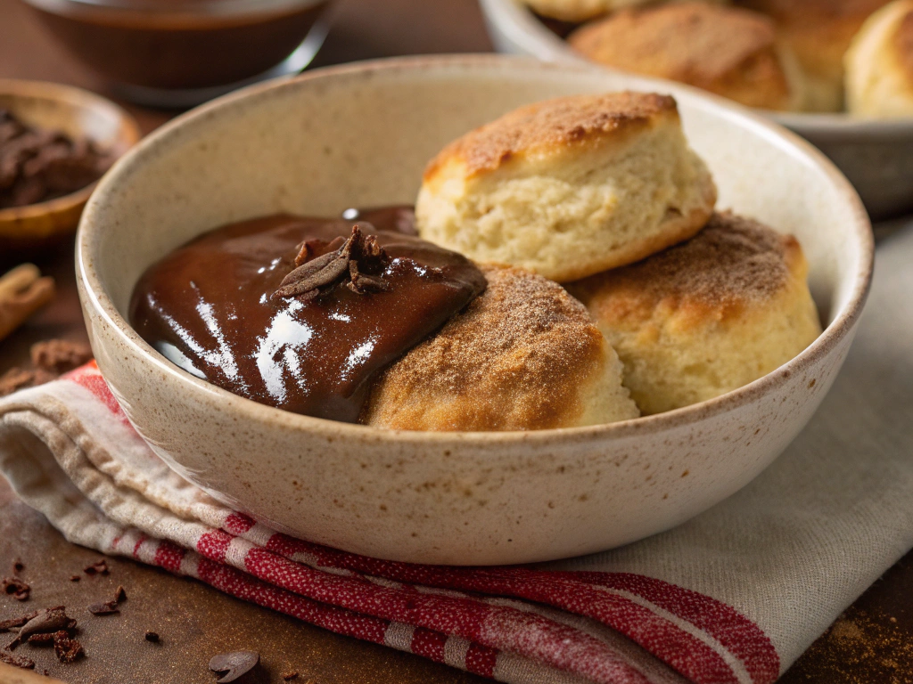 A close-up of a bowl of smooth, glossy chocolate gravy drizzled over golden, flaky biscuits, garnished with a dusting of cocoa powder, in a cozy kitchen setting.