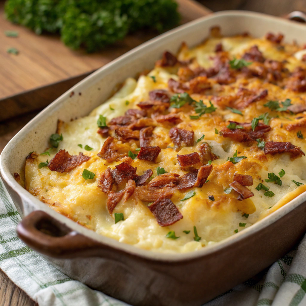 A close-up of a golden-brown mashed potato casserole, topped with melted cheese, crispy turkey bacon bits, and a sprinkle of fresh parsley, served in a rustic baking dish.
