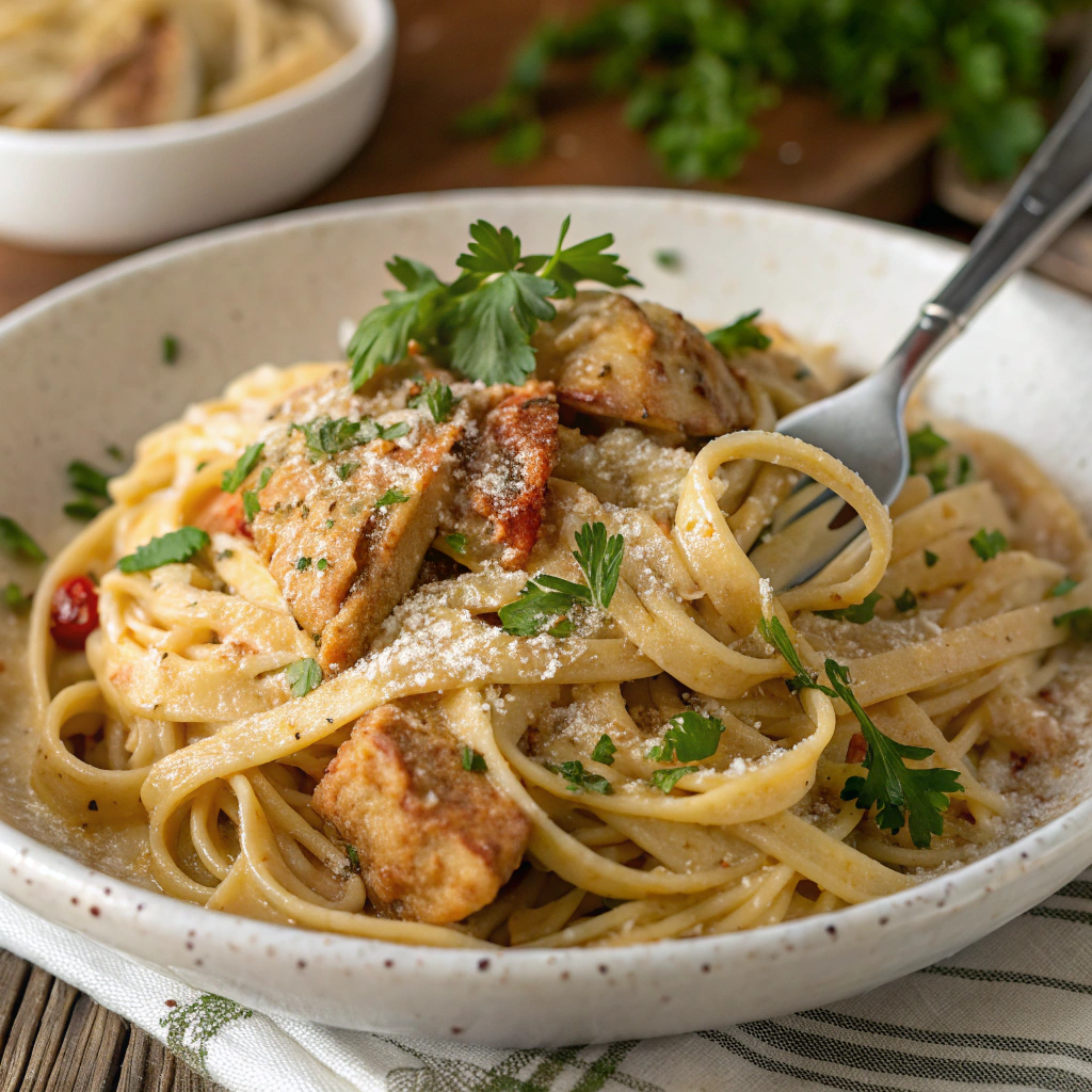 A close-up of a plate of creamy Cajun chicken pasta, garnished with fresh parsley and a sprinkle of Parmesan cheese, served on a rustic white plate with a fork twirling the linguine.