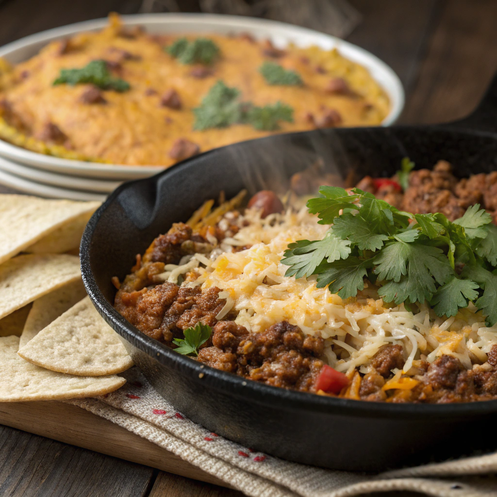 A close-up of a sizzling skillet filled with ground beef, rice, and melted cheese, garnished with fresh cilantro and served with a side of warm tortillas.