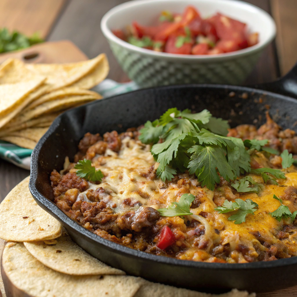 A golden skillet topped with melted cheese and garnished with fresh cilantro, ready to serve.