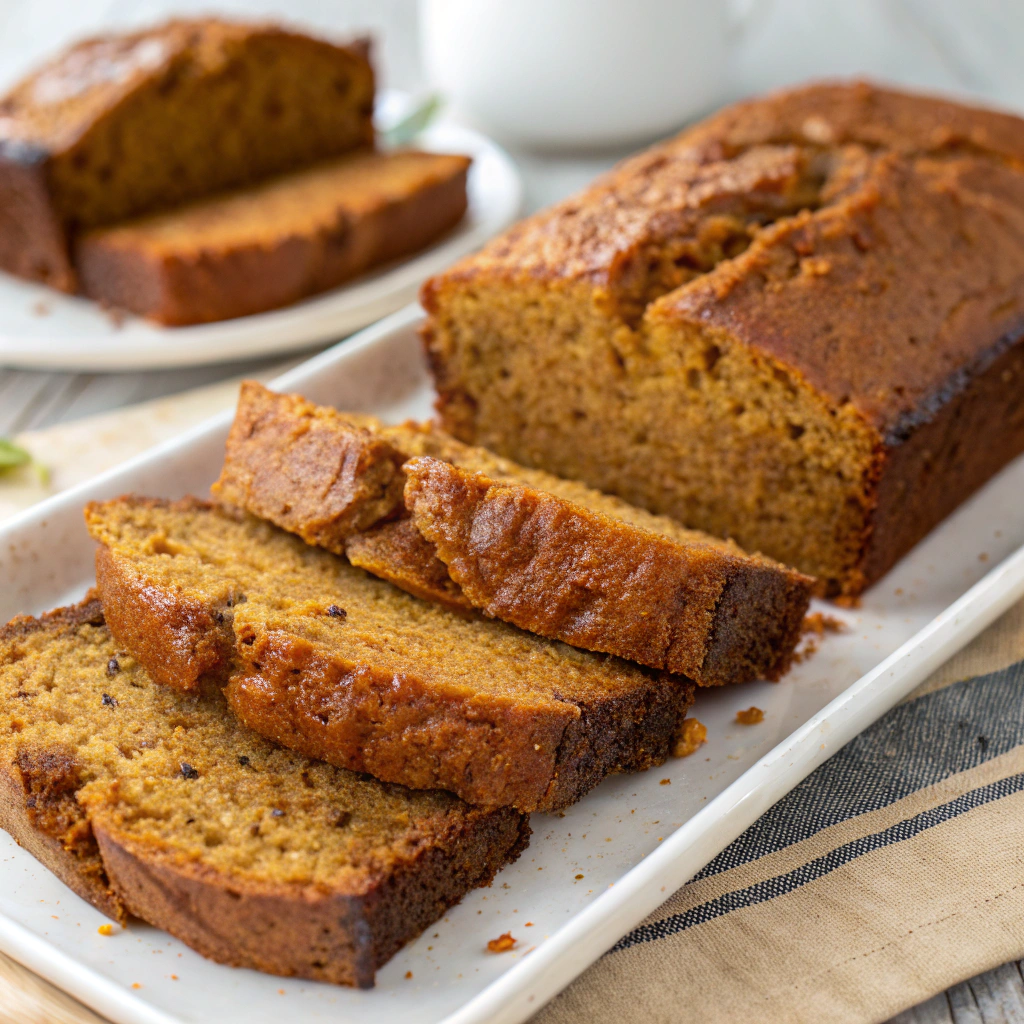 A close-up of a sliced Banana Pumpkin Bread loaf, showing its moist texture and golden-brown crust