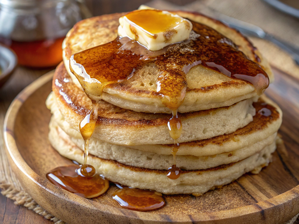 A close-up of a stack of golden-brown sourdough discard pancakes, drizzled with maple syrup and topped with fresh berries, served on a rustic plate.
